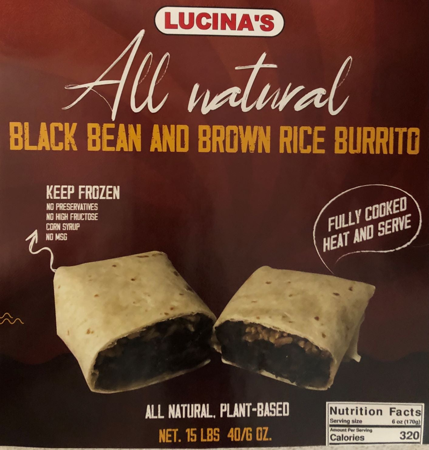 Lucina's Gourmet Cooked Black Bean and Brown Rice Burritos 10/6 oz.