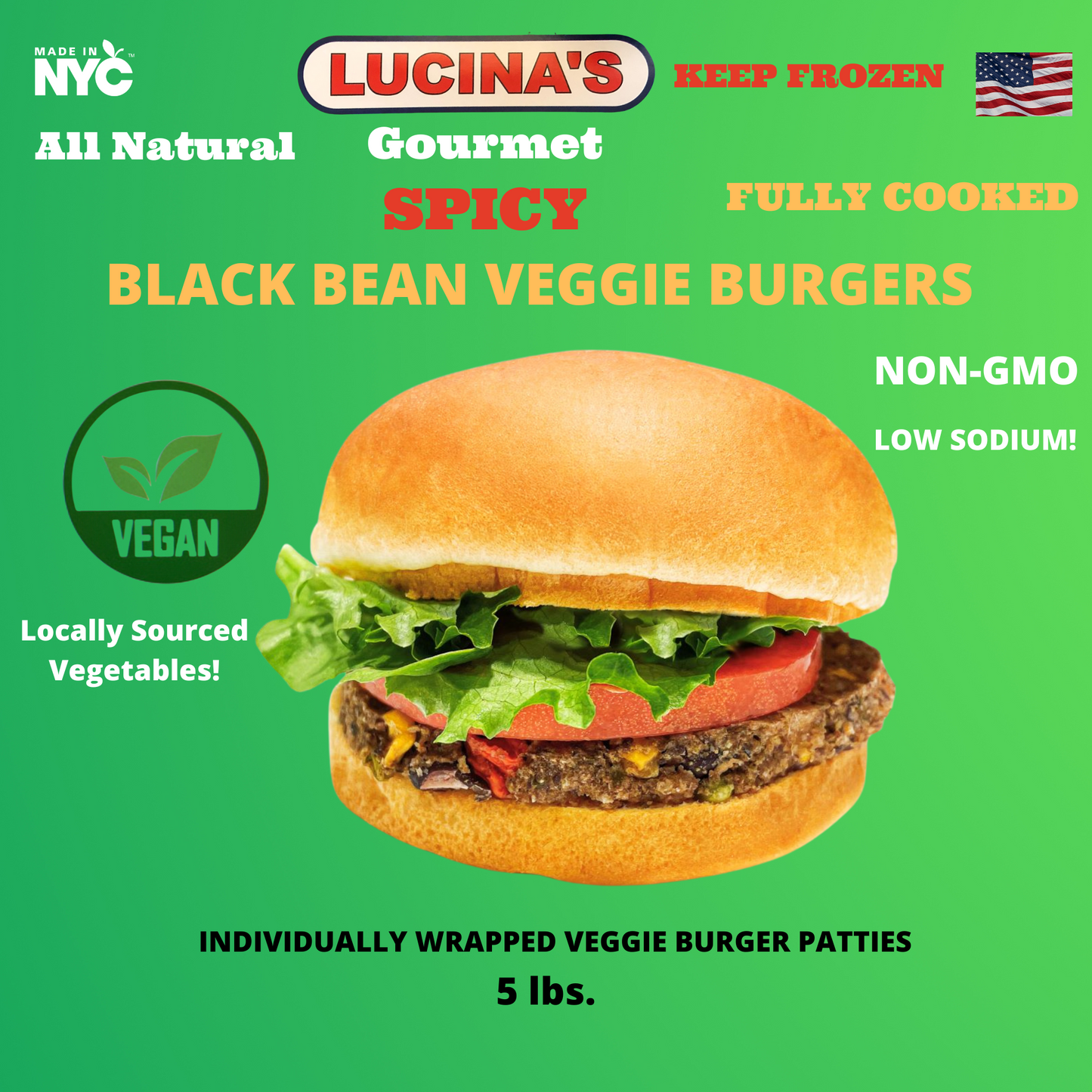 Lucina's Gourmet Cooked Spicy Black Bean Veggie Burgers    5lbs.